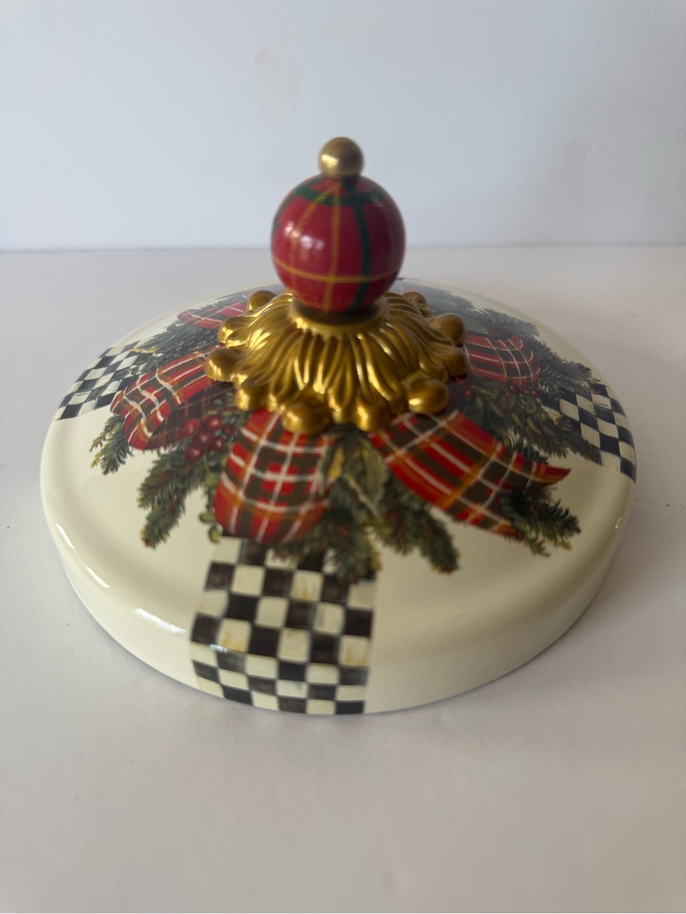 MacKenzie Childs Holiday Plaid Trinket Lid with Gold Knob